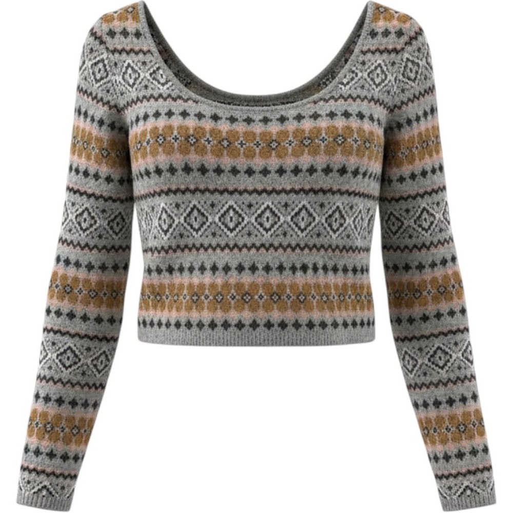 American Eagle Fair Isle Crop Sweater Women M Grey Pink Cottagecore